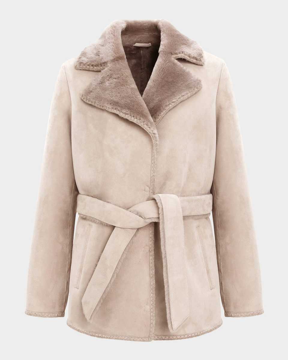 Merino Shearling Lamb Belted Jacket With Whipstitch Tr